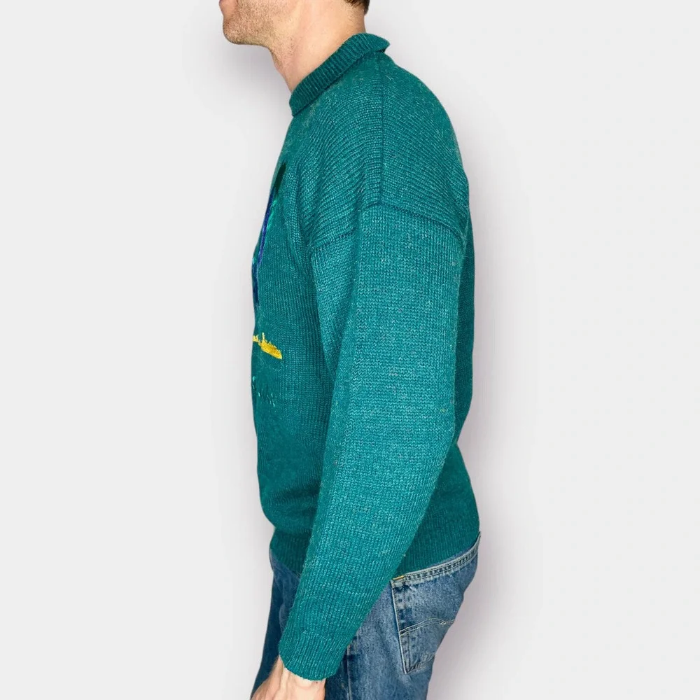 80s Knit Works Teal Lake Mallard Collared Sweater‎
